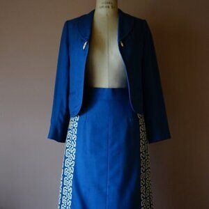 Vintage 1960s Blue Embroidered Wool Skirt Suit - Small